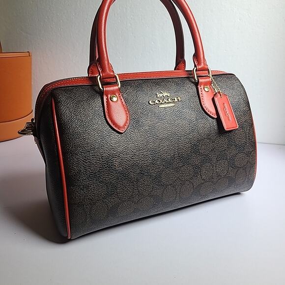 NWT Coach Medium Rowan Satchel In Signature Canvas Walnut Red Gold - Picture 1 of 4